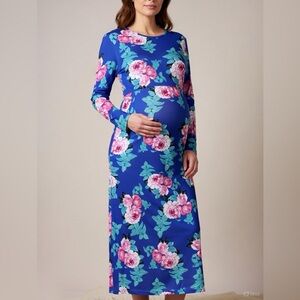 Blue Floral Maxi Maternity Dress with Pink Peonies